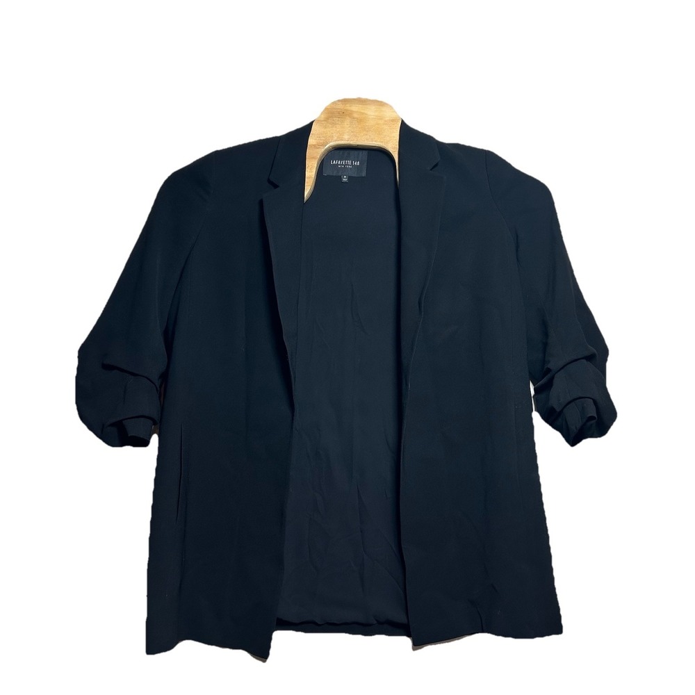 Lafayette 148‎ Size M Career Open Front Blazer Jacket Black Scrunched Sleeve